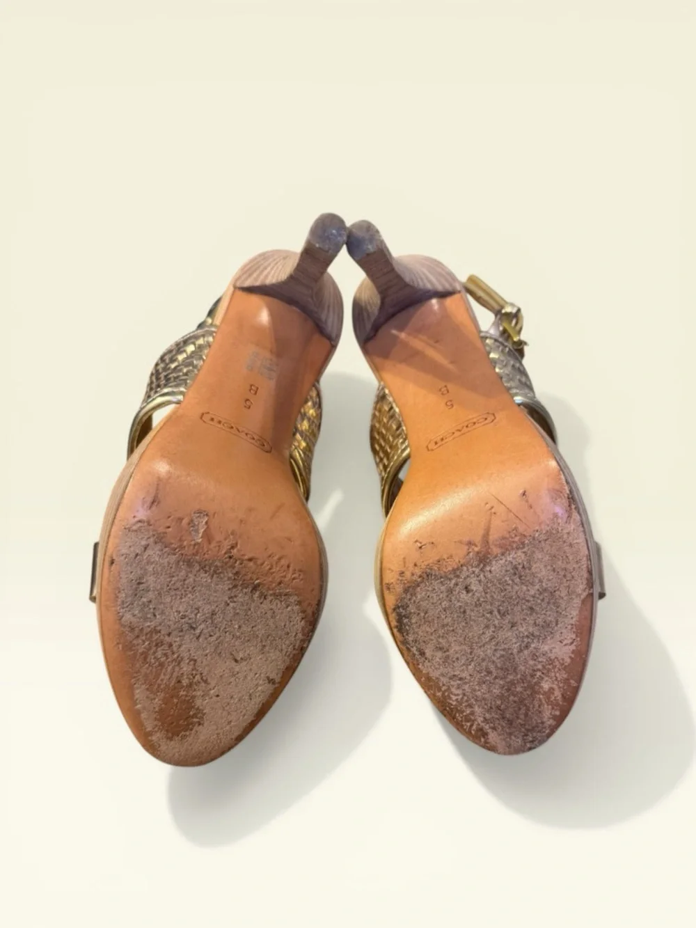 Coach Steffi Gold Open Toe Slingbag Heels - Picture 5 of 8